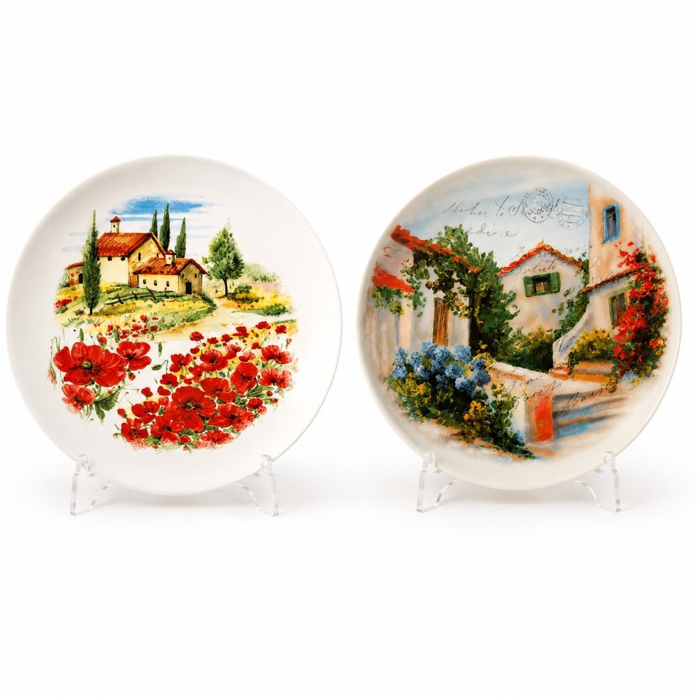Ceramica Cuore Italy Pasta Bowls Set of 2 Poppies Farmhouse Village 8.5" Round
